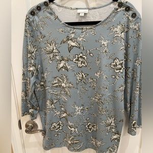 J. Jill Floral Blue Green Pima Cotton 3/4 Sleeve Top, Size XL